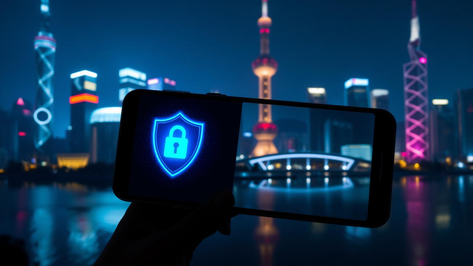 Smartphone displaying a glowing blue encrypted VPN shield in front of the Shanghai skyline at night — best VPN for China in 2026.