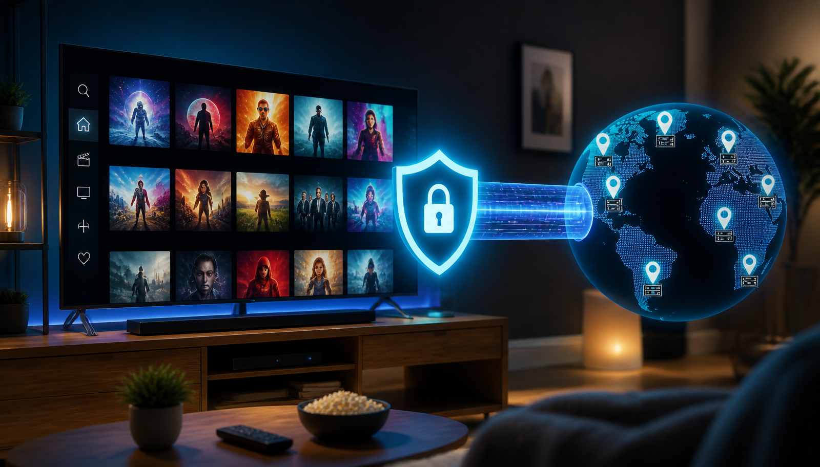 Smart TV displaying a streaming interface with a glowing VPN shield and encrypted tunnel to a globe of server markers — best VPN for Disney Plus in 2026.