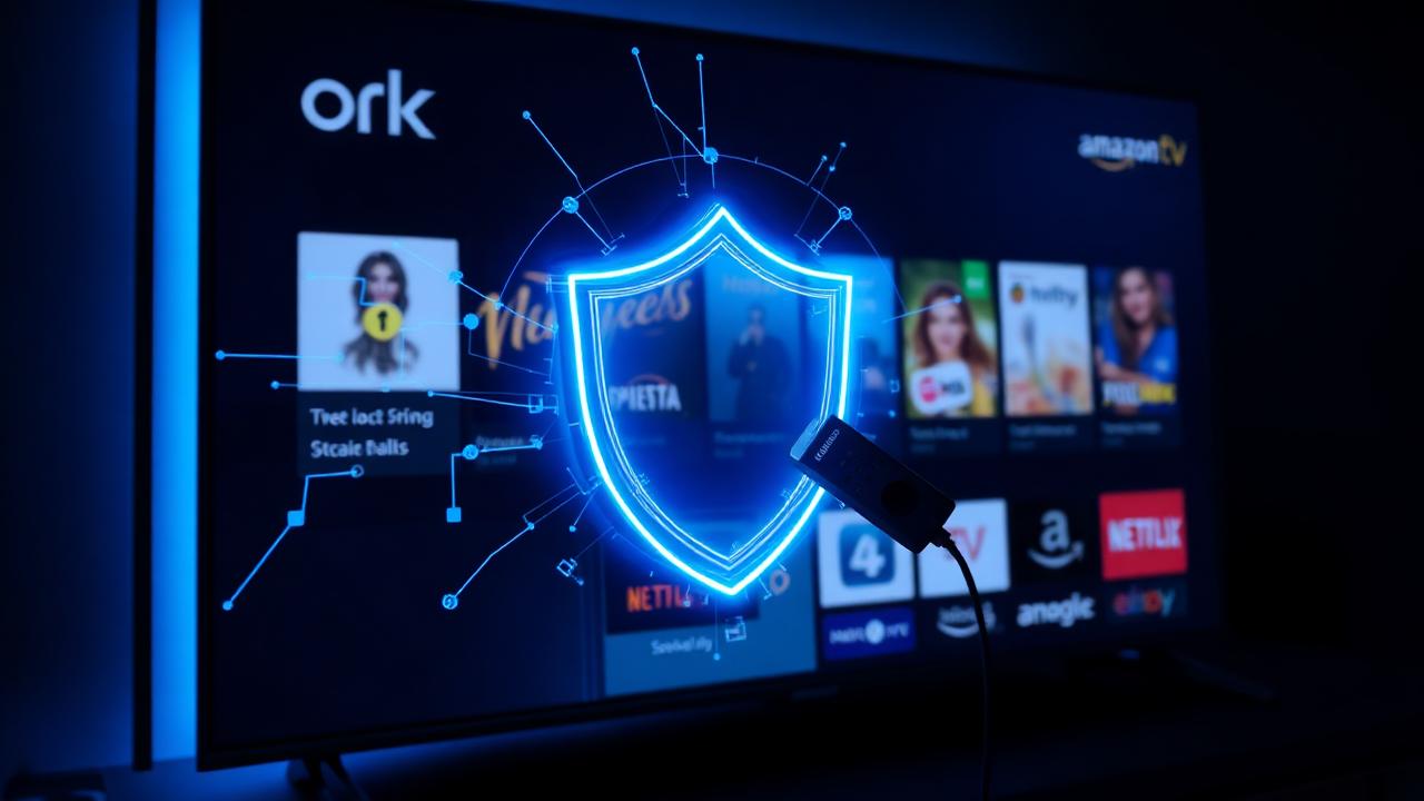 Amazon Fire TV Stick plugged into a modern 4K smart TV with a glowing blue security shield hologram — best VPN for Firestick 2026.