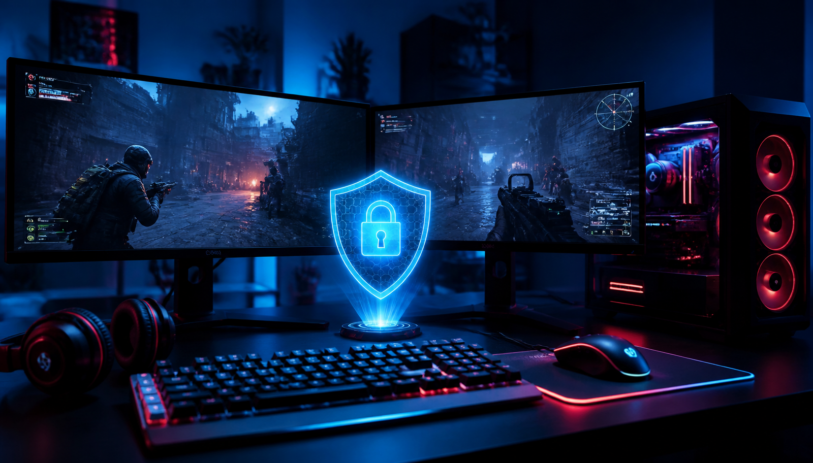 Competitive gaming setup with dual monitors, RGB mechanical keyboard and a glowing blue VPN shield hologram symbolizing DDoS protection and low-latency routing.