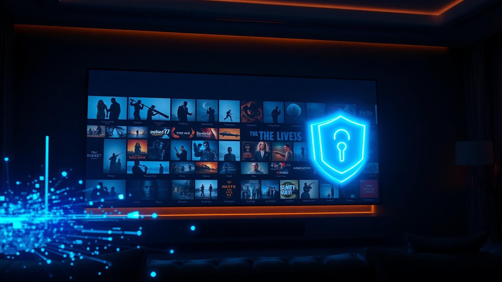 Modern TV showing a media library wrapped in a glowing blue VPN shield — best VPN for Kodi 2026.
