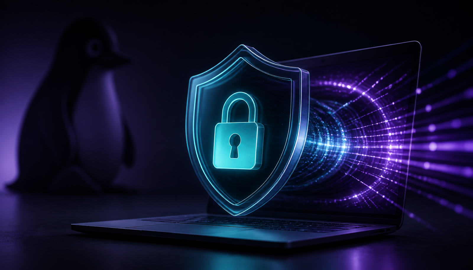 Dark laptop with a glowing shield and padlock in front of an encrypted violet tunnel and a subtle penguin silhouette — best VPN for Linux in 2026.