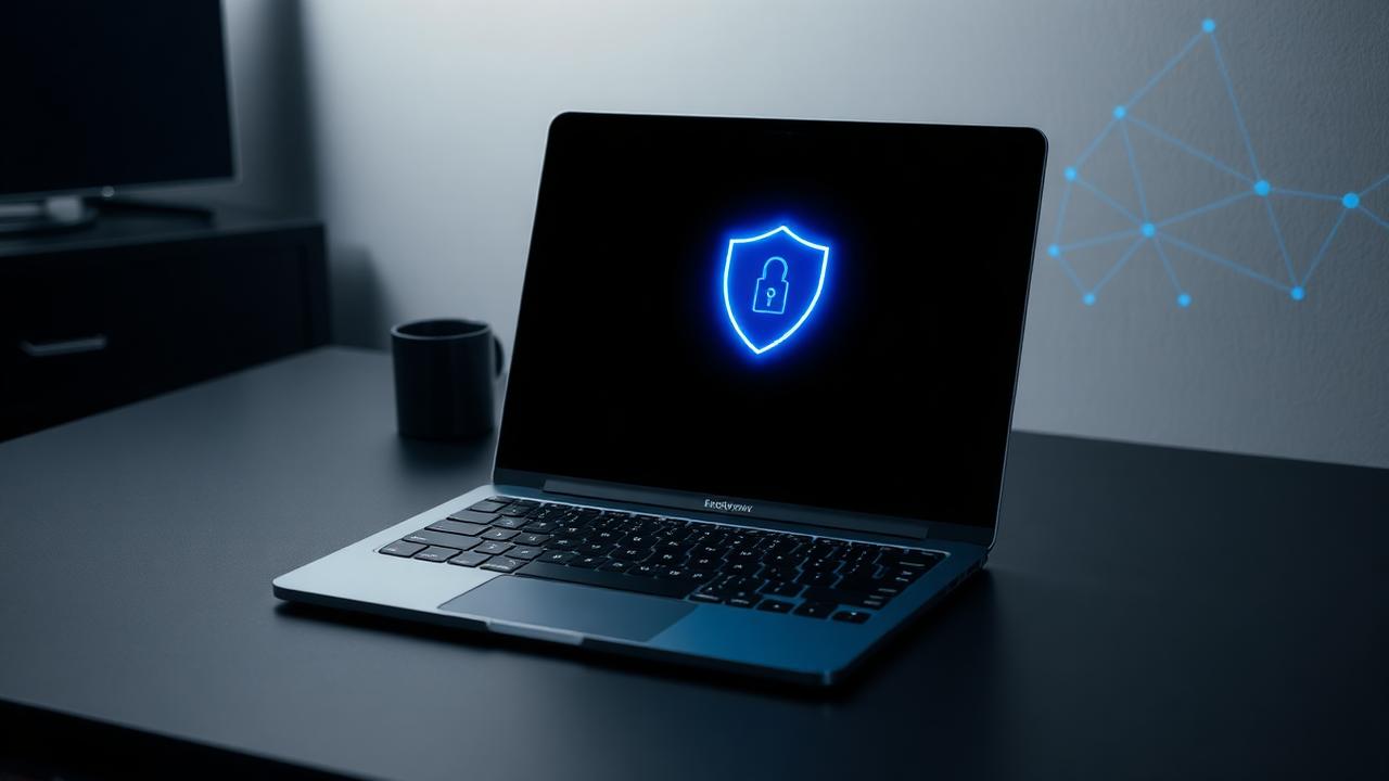 MacBook Pro on a dark desk displaying a glowing blue encrypted VPN shield — best VPN for Mac 2026 with native Apple Silicon support.