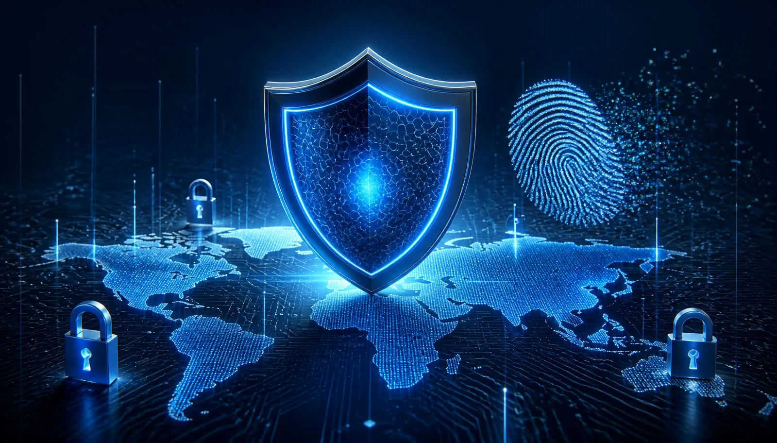 Glowing blue privacy shield over a digital world map with padlocks and a dissolving fingerprint — best VPN for privacy 2026.