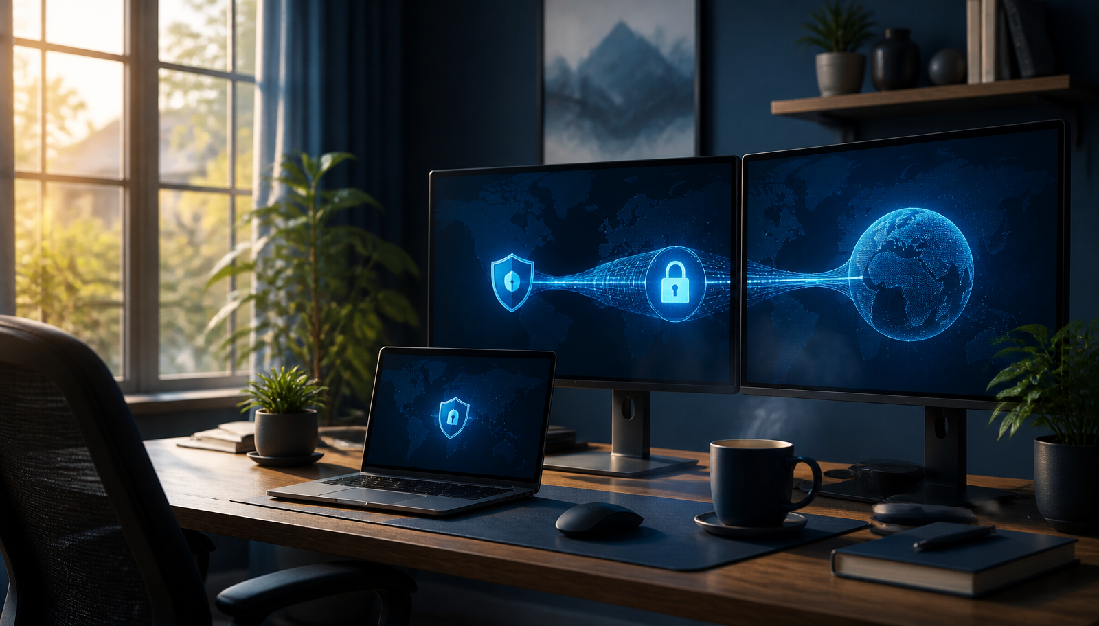 Modern home office with dual monitors showing an encrypted VPN tunnel connecting to a global server — best VPN for remote work in 2026.