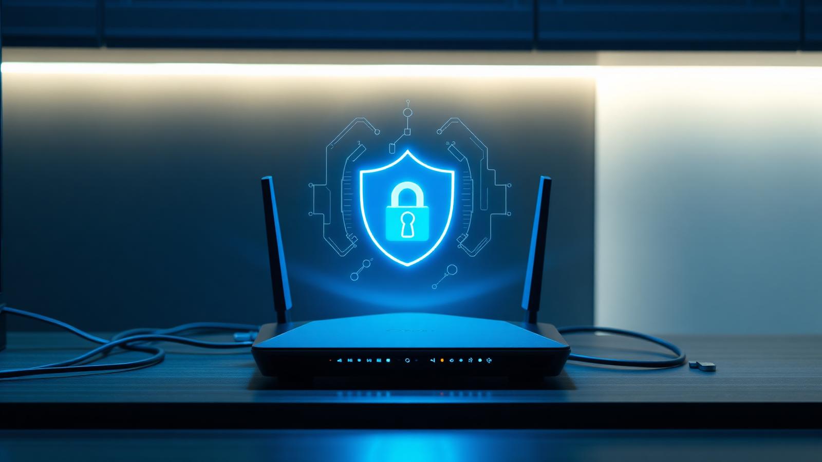 Modern Wi-Fi router on a dark desk with a glowing blue encrypted shield hologram above it — best VPN for router in 2026 covering every device on the home network.