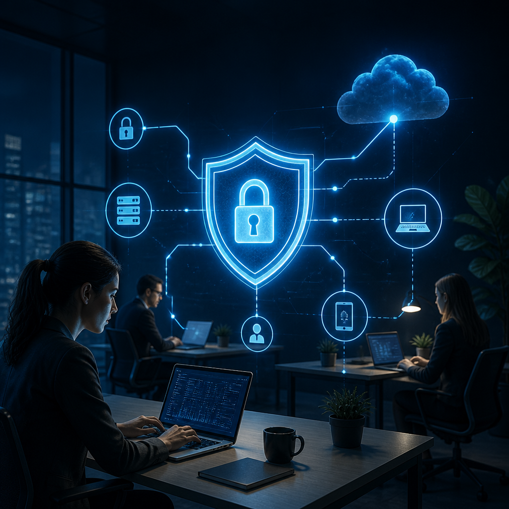 Small business office with laptops connected through a glowing blue security shield to the cloud — best VPN for small business 2026.