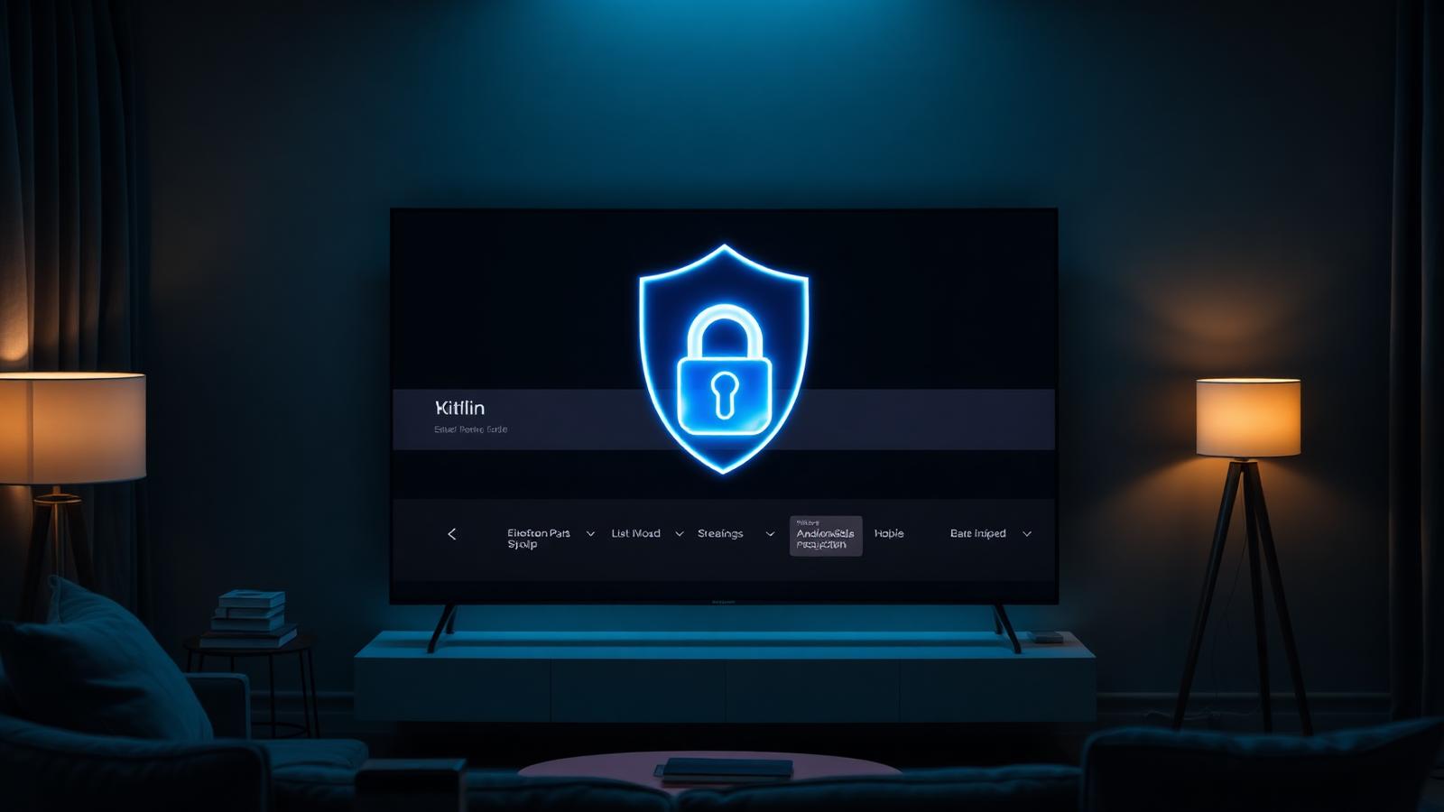 Modern 65-inch smart TV in a dark living room displaying a glowing blue encrypted shield with a padlock over a streaming interface — best VPN for smart TV in 2026.