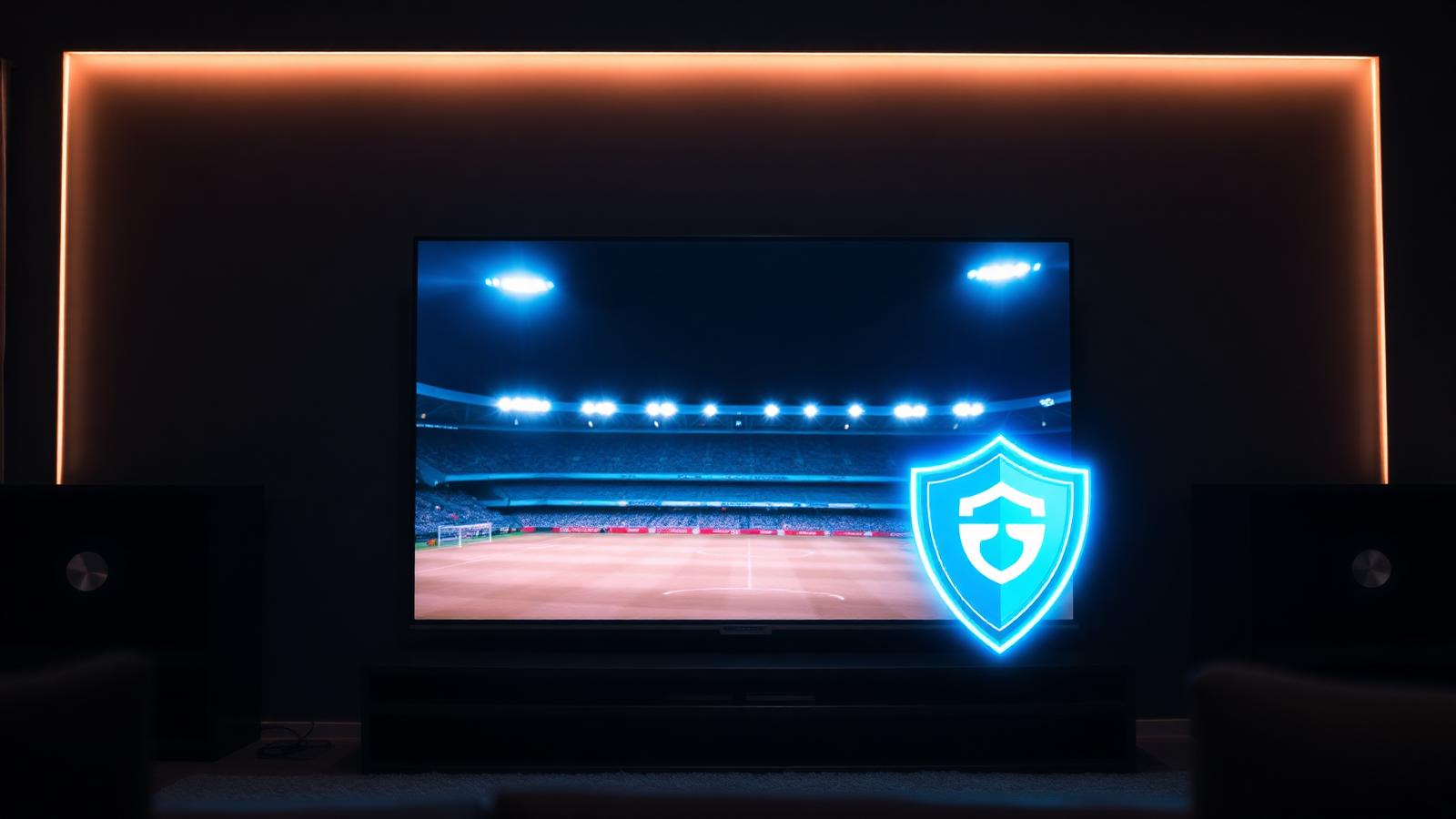 Living room TV showing a live football match with a glowing blue VPN shield — best VPN for sports streaming 2026.