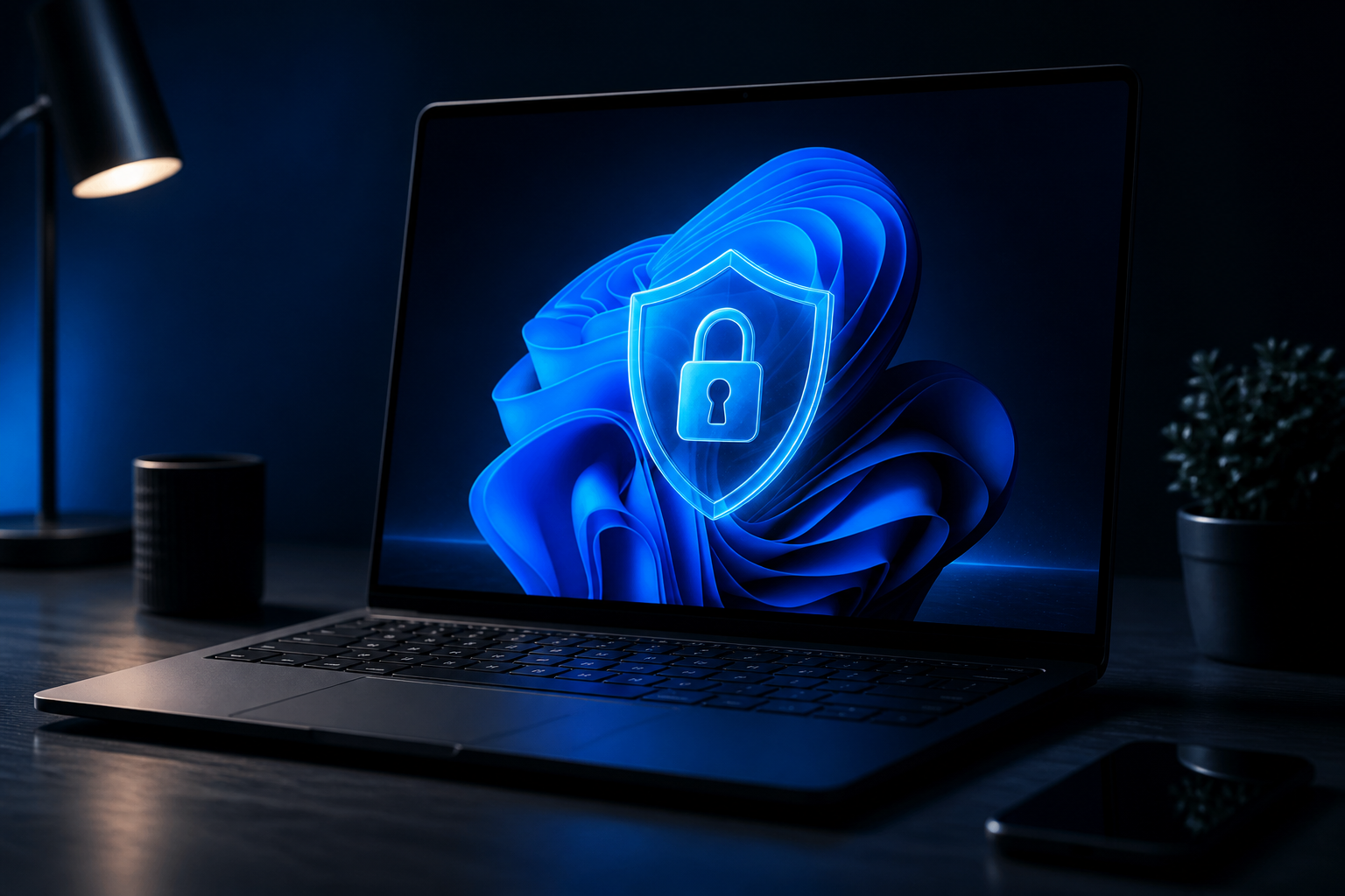 Windows 11 laptop on a dark desk displaying a glowing blue encrypted shield — best VPN for Windows 11 in 2026 with WireGuard and kill switch enabled.
