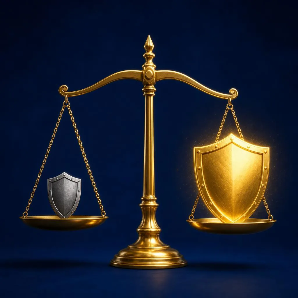 Golden balance scale tipping toward a large glowing gold shield next to a smaller gray shield on a deep navy background.