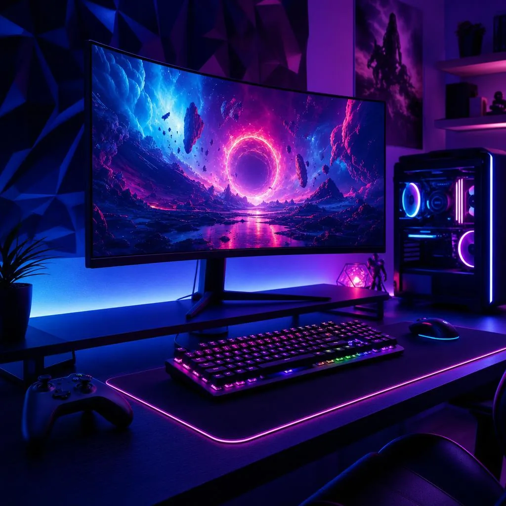 Gaming setup with an ultra-wide monitor, RGB keyboard and controller on a desk lit by neon blue and purple lighting.