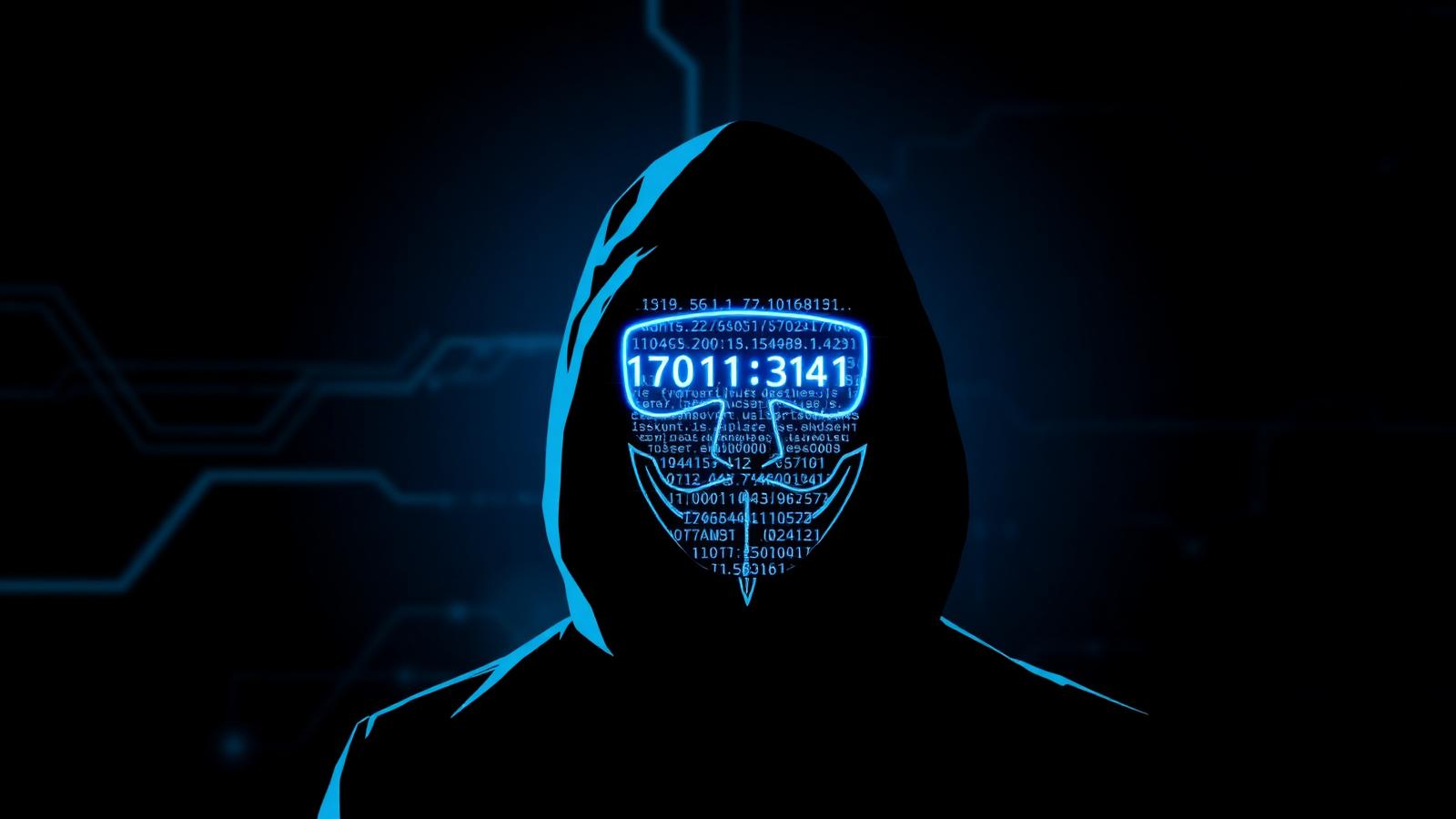 Anonymous hooded figure with a digital blue mask made of numbers and shield representing a hidden IP address.
