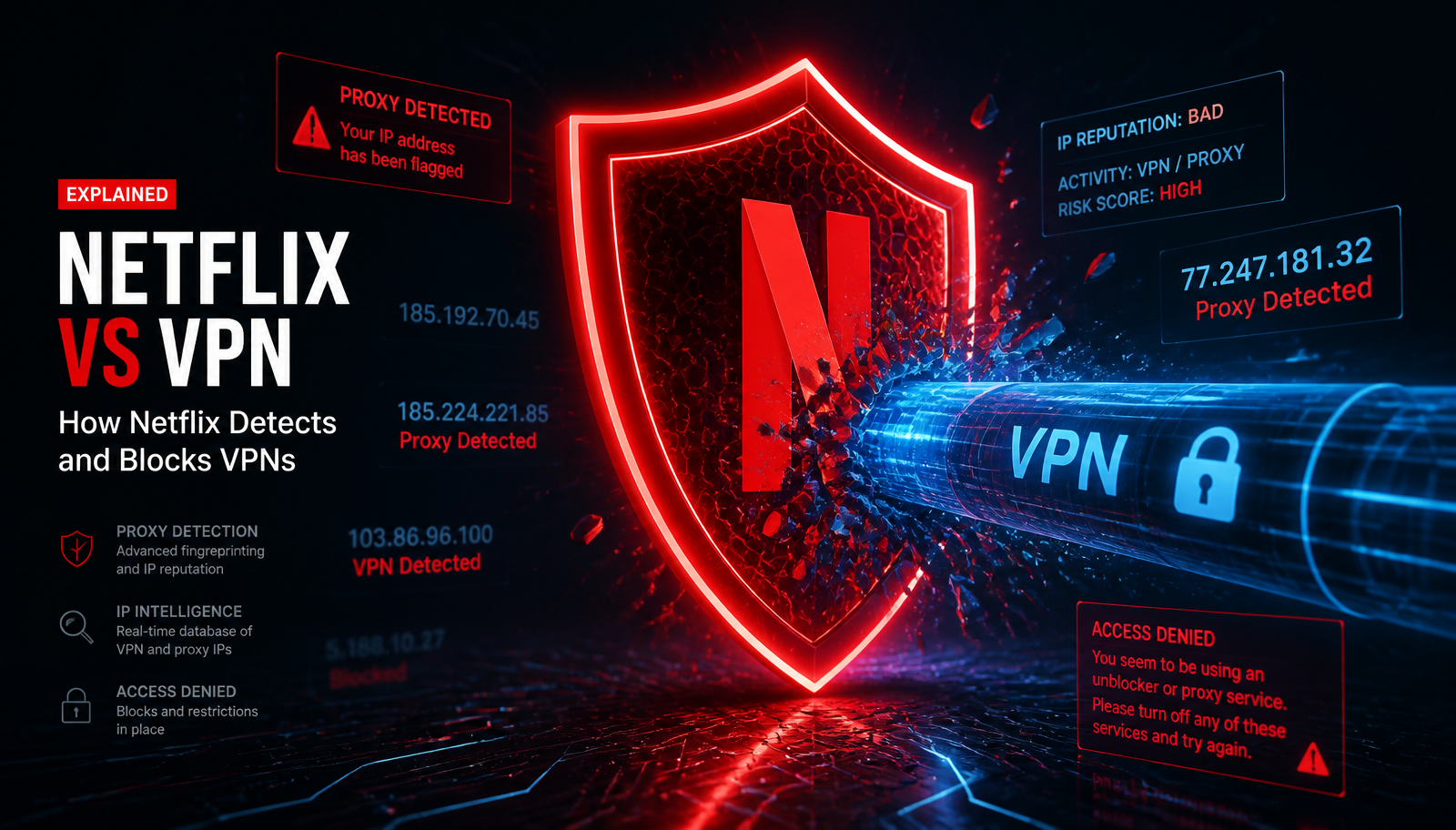 Neon-red Netflix shield being pierced by a blue VPN tunnel with proxy-detected warnings and flagged IP addresses in dark digital space.