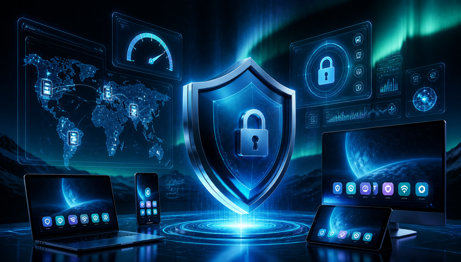 3D glowing security shield with holographic dashboards showing speed gauges, global server map, and app icons on multiple devices — NordVPN Review 2026.