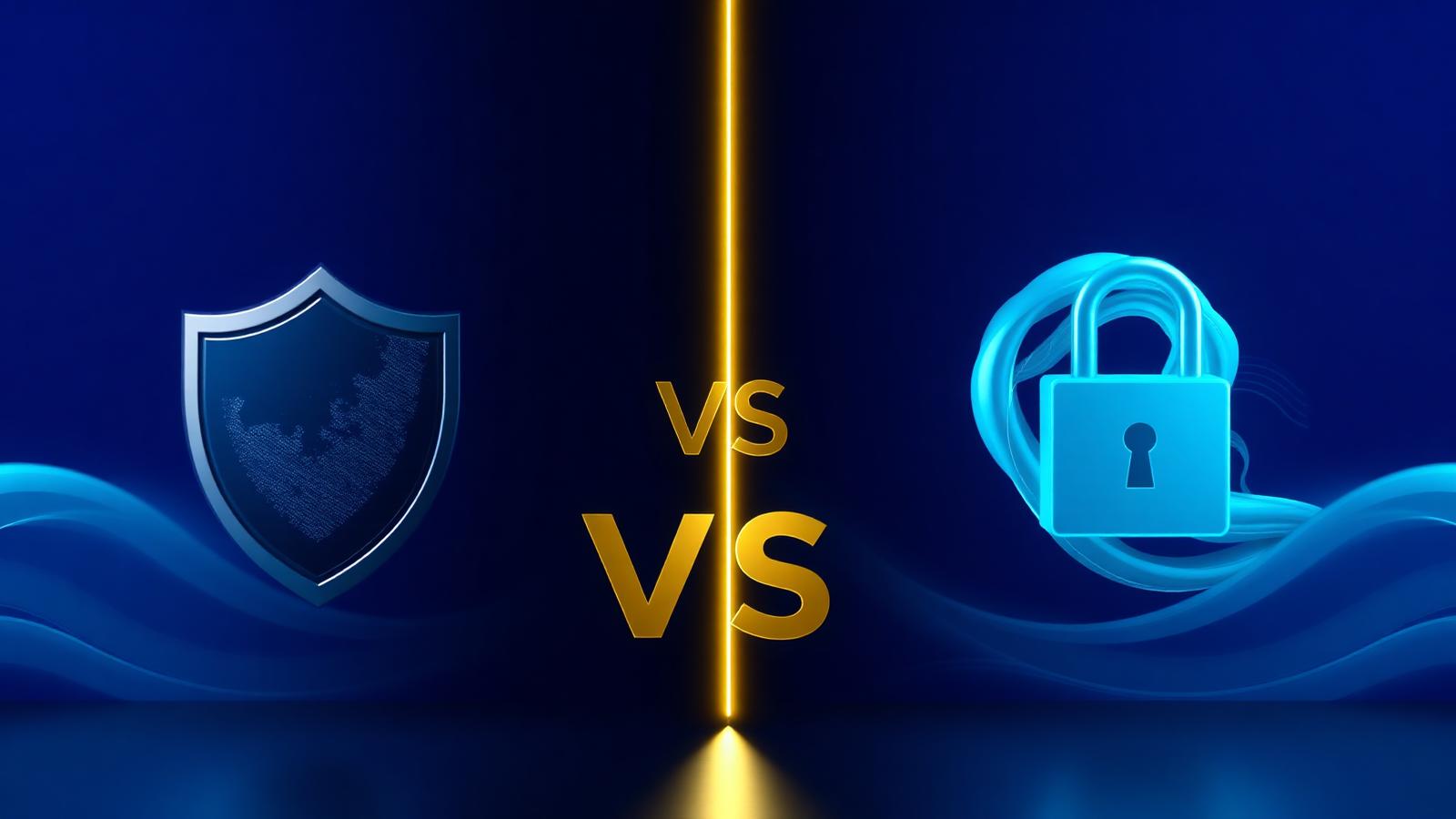 Editorial comparison illustration showing two encrypted shields facing off — a deep-blue shield on the left and a teal-cyan lock on the right with a golden VS divider between them.