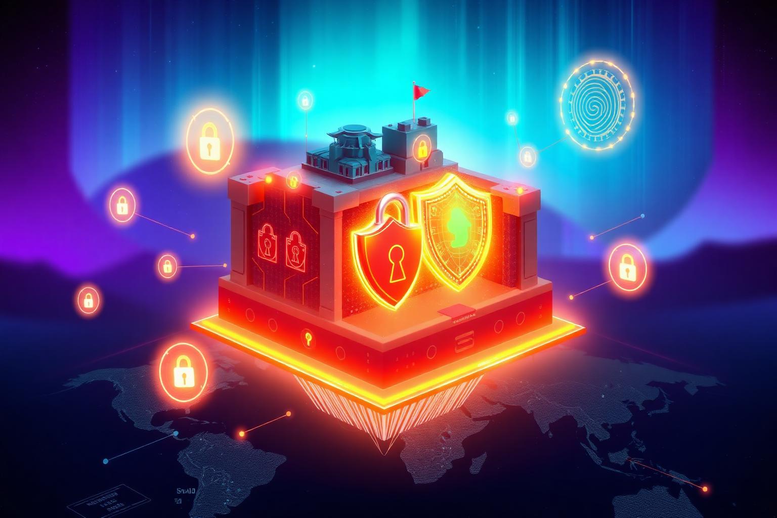 Floating digital fortress with glowing shields, padlocks and encrypted data streams over a world map — 2026 online privacy and cybersecurity guide.
