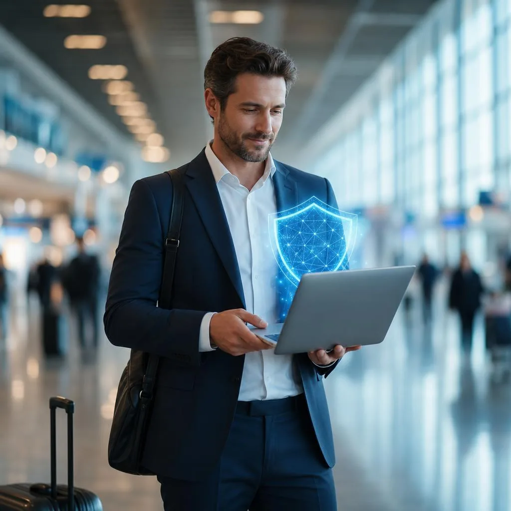 Business traveler holding a laptop in a modern airport terminal with a glowing blue holographic security shield hovering above the screen.