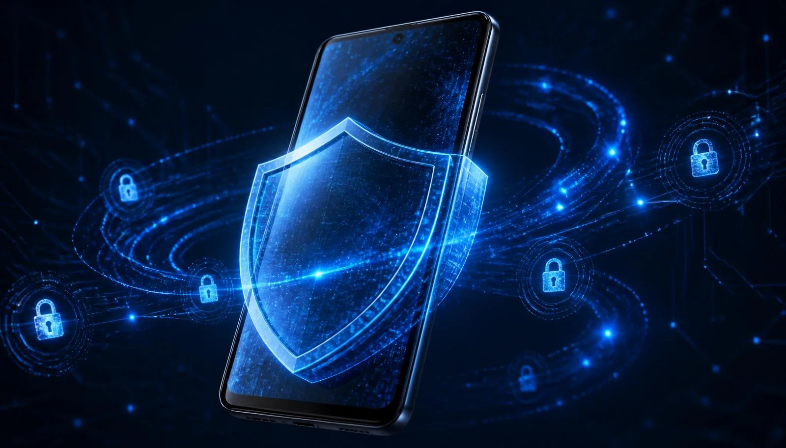 Android smartphone wrapped in a glowing blue security shield with encrypted data streams — best VPN for Android 2026.