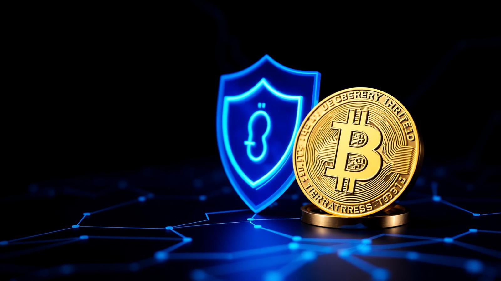 Golden bitcoin coin beside a glowing blue security shield on top of a dark blockchain network illustration.