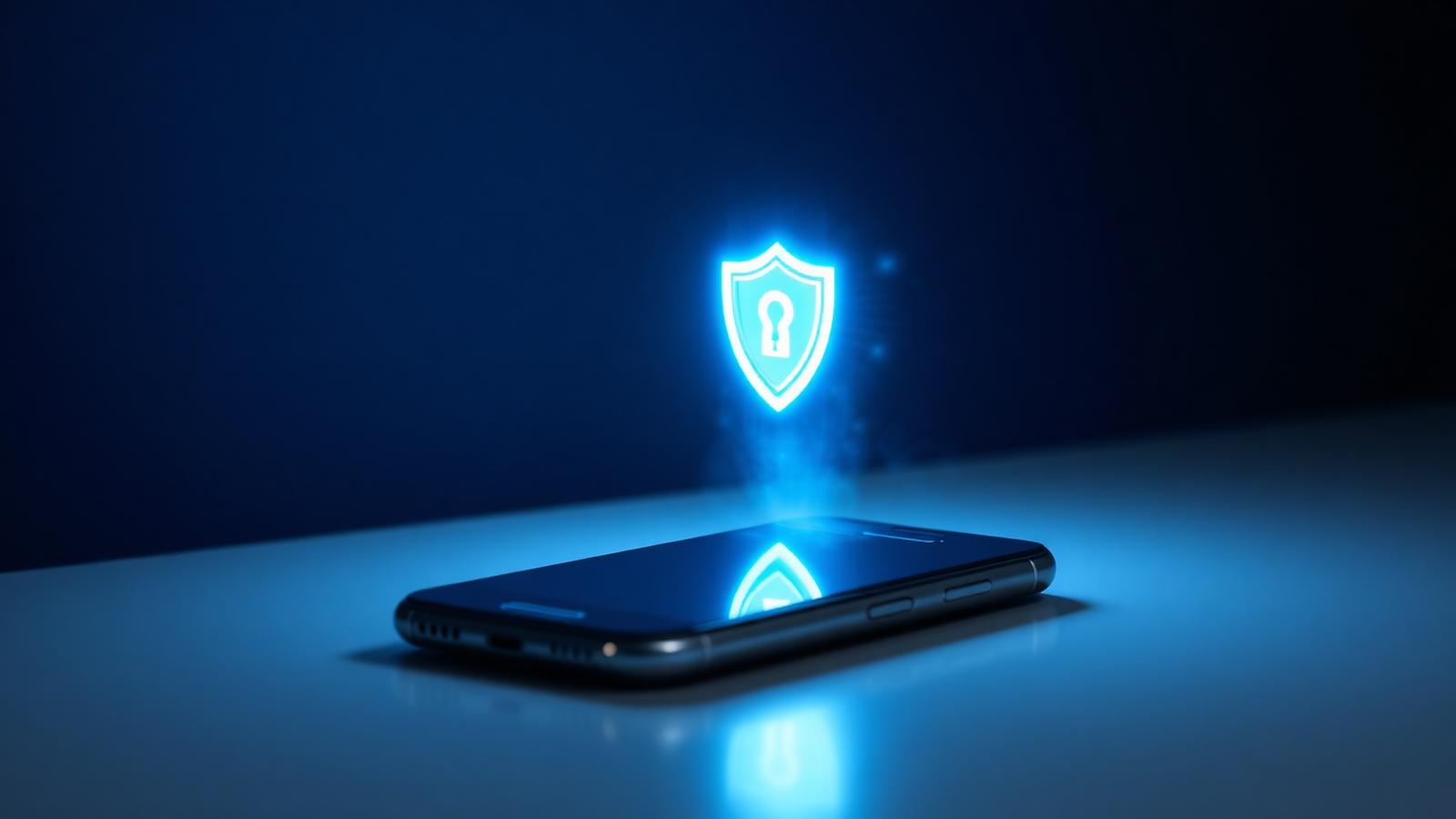 iPhone on a clean desk with a glowing blue security shield rising from the screen representing iOS VPN protection.