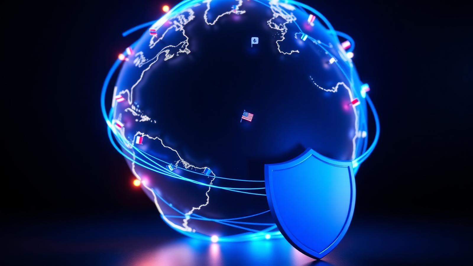 Glowing 3D globe wrapped in blue encrypted network lines with small national flag pins and a security shield — VPN legality worldwide 2026.