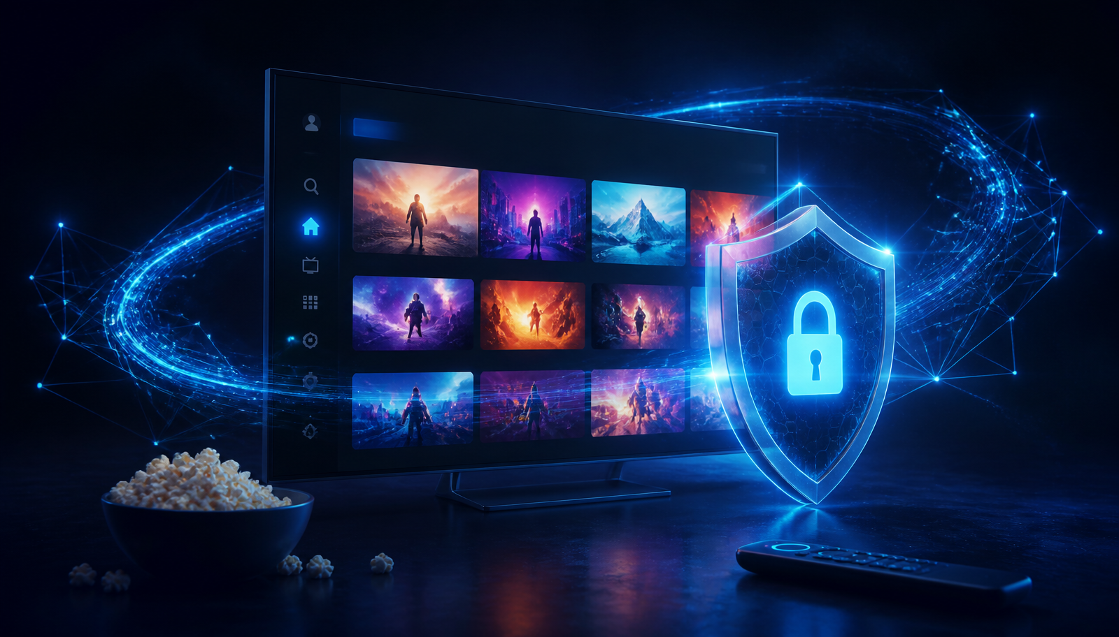 Modern smart TV displaying streaming apps wrapped in a glowing blue security shield and encrypted network lines — best VPN for Netflix 2026.