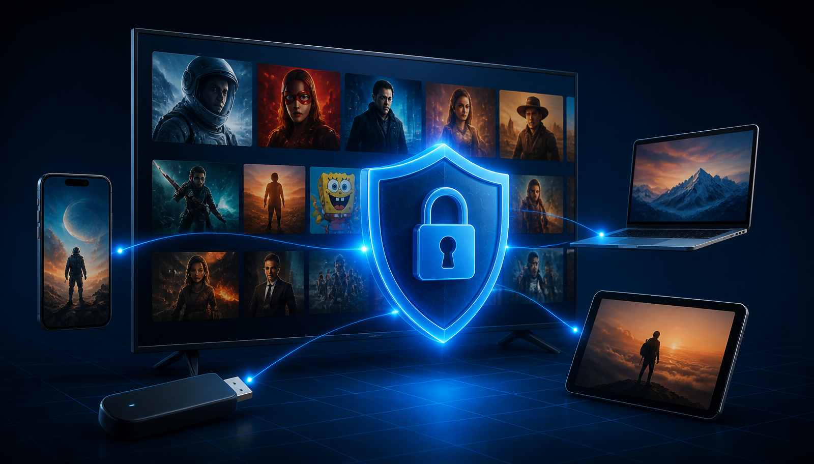 Modern 3D illustration of a large TV displaying colorful movie thumbnails behind a glowing blue security shield, surrounded by connected smartphone, laptop, tablet and streaming stick icons on a dark navy background.