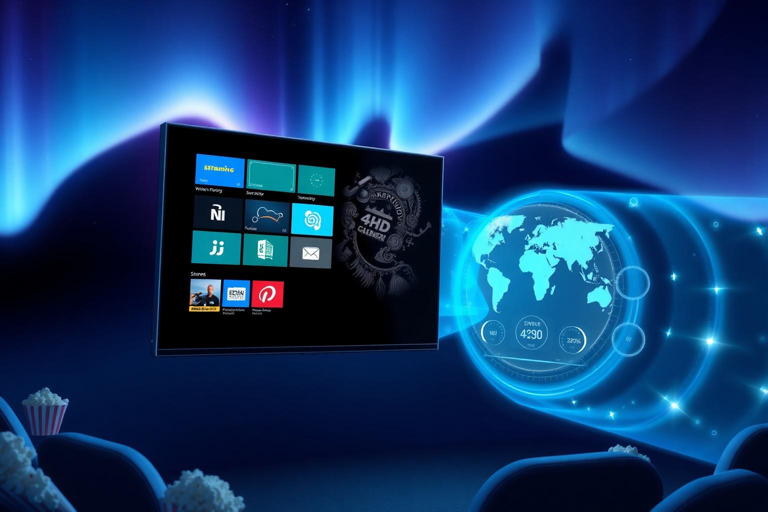 Floating smart TV showing streaming apps wrapped in a glowing blue encrypted tunnel over an aurora background — best VPN for streaming 2026.