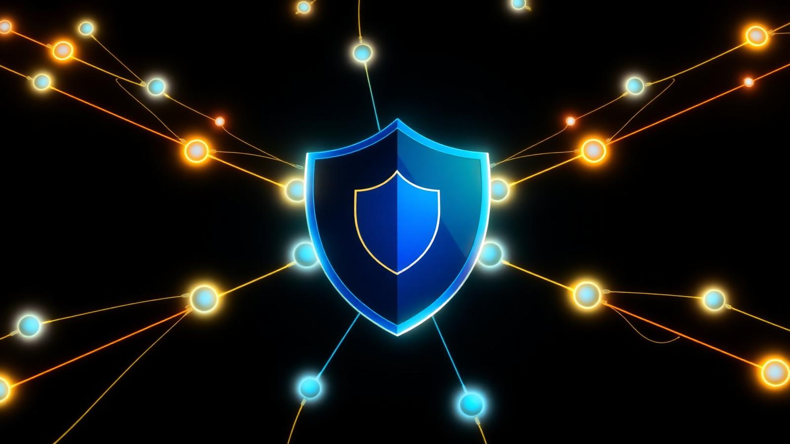 Glowing blue shield at the center of a peer-to-peer network of golden and cyan nodes representing anonymous P2P file sharing.