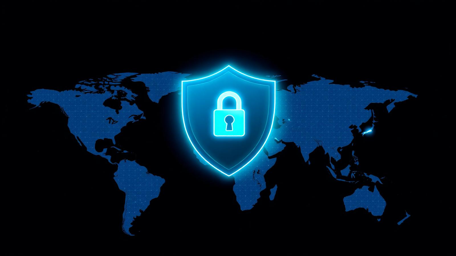 Glowing blue security shield with padlock hovering over a world map illustrating a global VPN network.