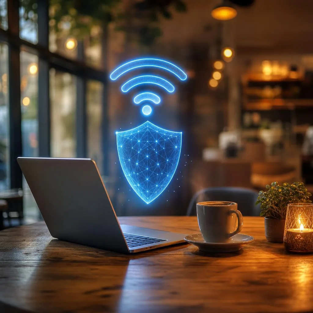 Warm cafe scene with an open laptop and a glowing blue shield next to a Wi-Fi symbol illustrating public network protection.